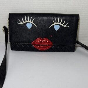 Betsey Johnson Black Crossbody Bag with Red Lips and Blue Eyes